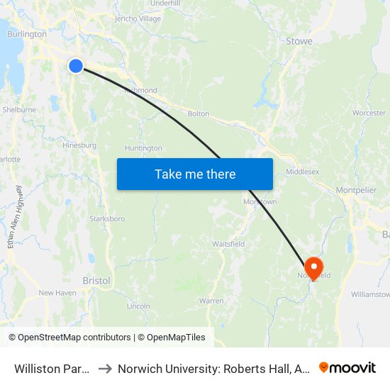 Williston Park & Ride to Norwich University: Roberts Hall, Admissions Office map