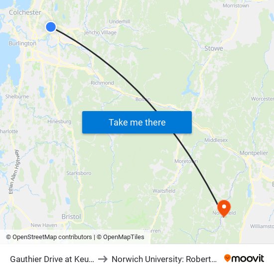 Gauthier Drive at Keurig Green Mountain to Norwich University: Roberts Hall, Admissions Office map