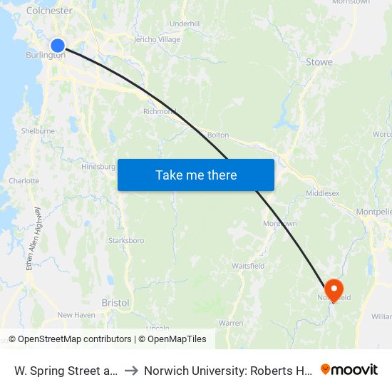 W. Spring Street at North Street to Norwich University: Roberts Hall, Admissions Office map