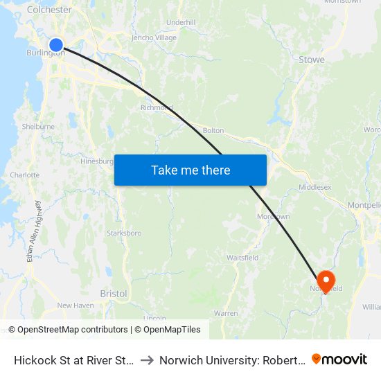 Hickock St at River Street (Chick's Market) to Norwich University: Roberts Hall, Admissions Office map