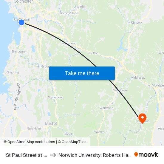 St Paul Street at Maple Street to Norwich University: Roberts Hall, Admissions Office map