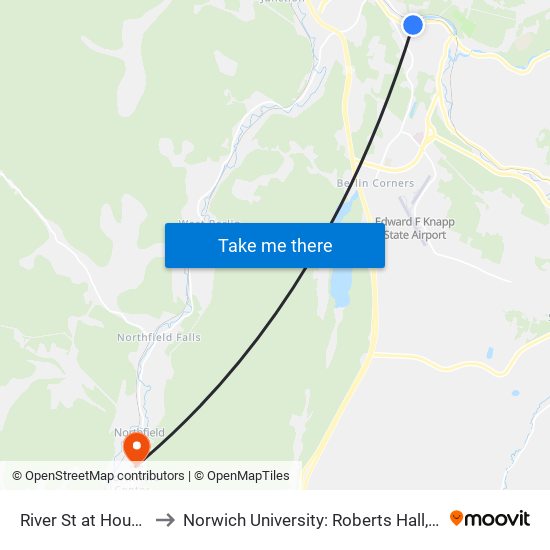 River St at House Of Tang to Norwich University: Roberts Hall, Admissions Office map