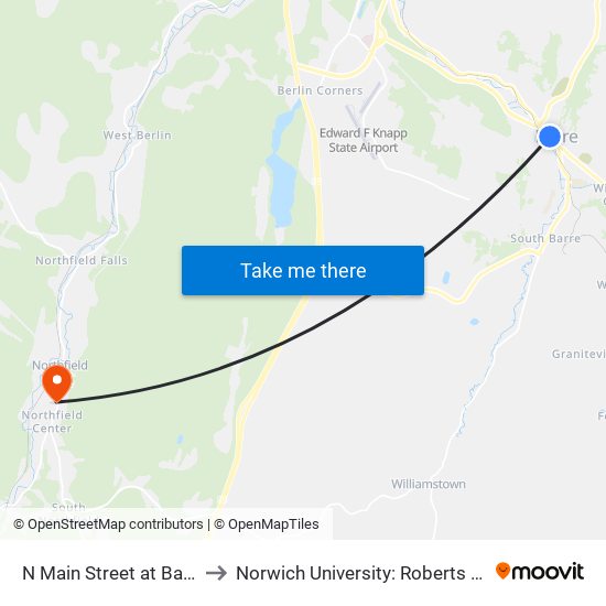 N Main Street at Barre District Court to Norwich University: Roberts Hall, Admissions Office map