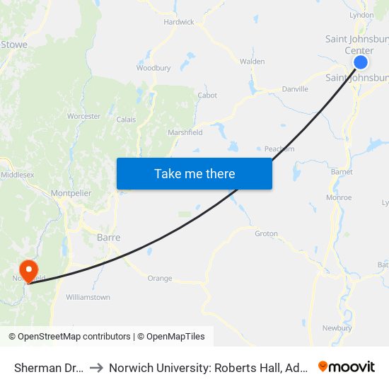 Sherman Dr. Loop to Norwich University: Roberts Hall, Admissions Office map
