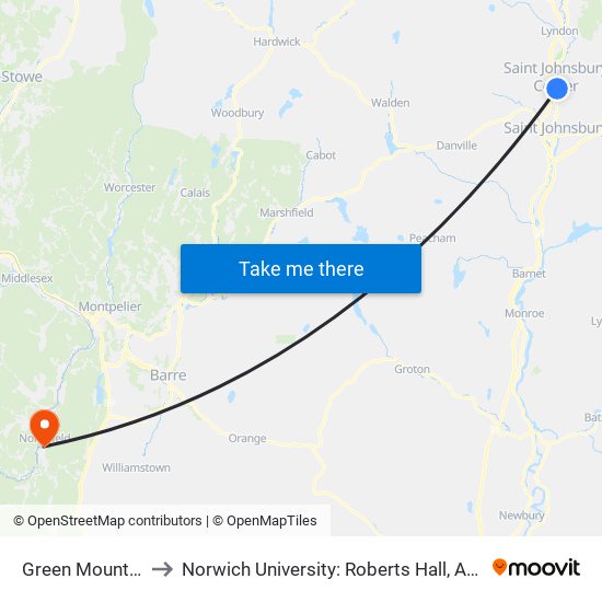 Green Mountain Mall to Norwich University: Roberts Hall, Admissions Office map