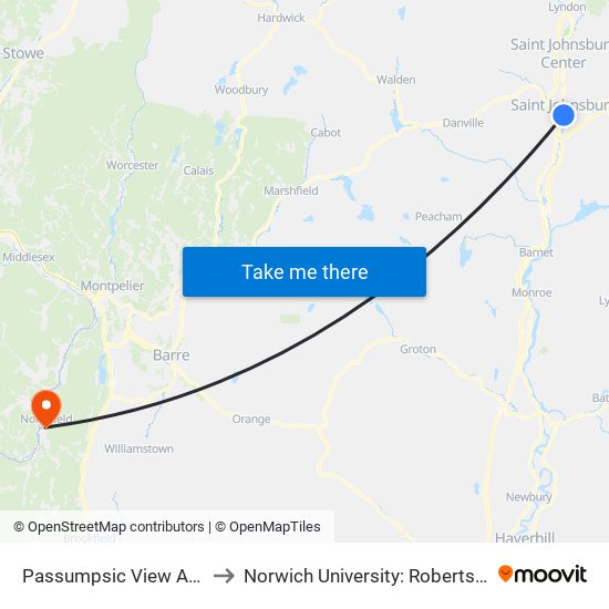 Passumpsic View Apts, St. .Johnsbury to Norwich University: Roberts Hall, Admissions Office map