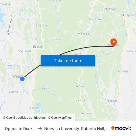 Opposite Dunkin Donuts to Norwich University: Roberts Hall, Admissions Office map