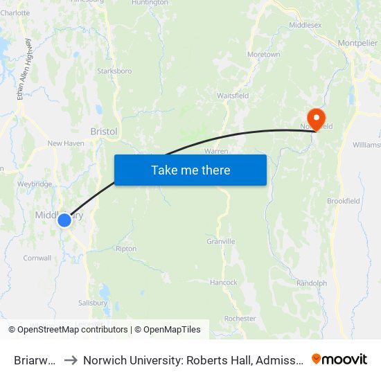 Briarwood to Norwich University: Roberts Hall, Admissions Office map