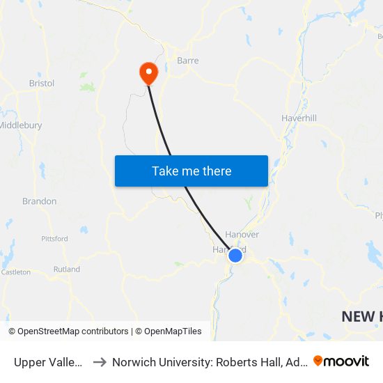 Upper Valley Haven to Norwich University: Roberts Hall, Admissions Office map