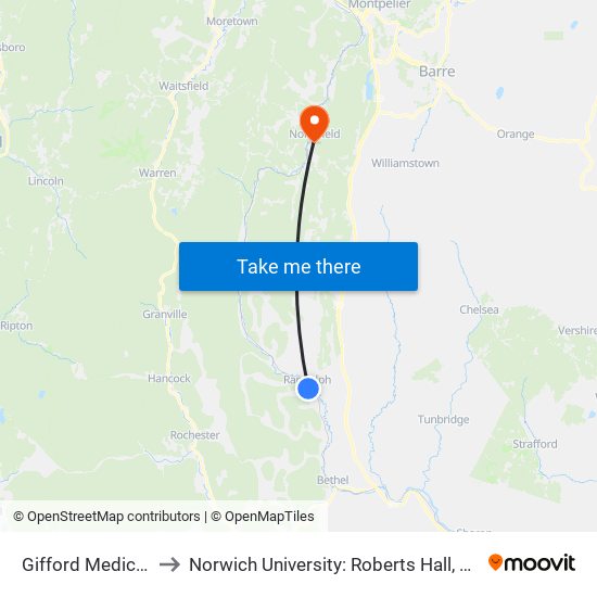 Gifford Medical Center to Norwich University: Roberts Hall, Admissions Office map