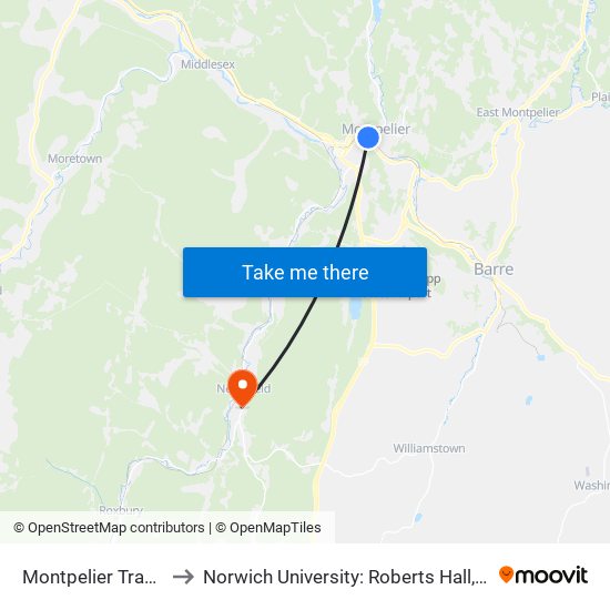 Montpelier Transit Center to Norwich University: Roberts Hall, Admissions Office map