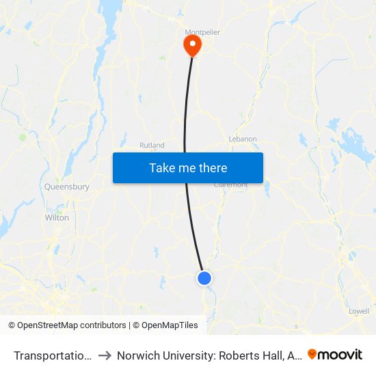 Transportation Center to Norwich University: Roberts Hall, Admissions Office map