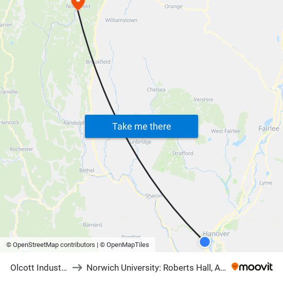 Olcott Industrial Park to Norwich University: Roberts Hall, Admissions Office map