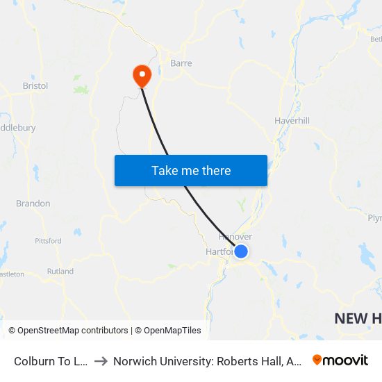 Colburn To Lebanon to Norwich University: Roberts Hall, Admissions Office map