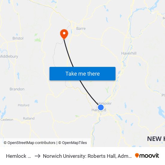 Hemlock Ridge to Norwich University: Roberts Hall, Admissions Office map