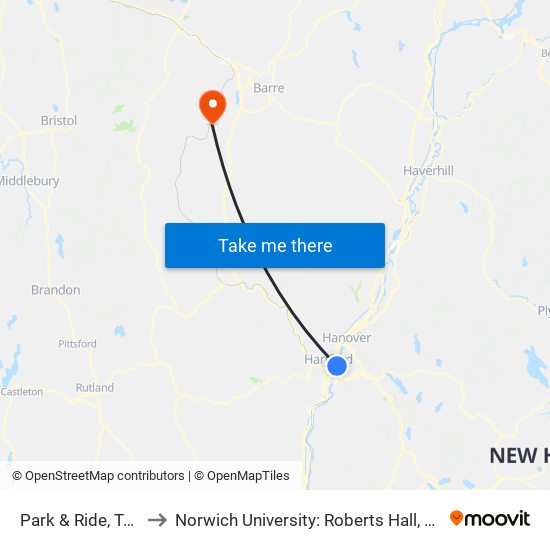 Park & Ride, Tafts Flats to Norwich University: Roberts Hall, Admissions Office map