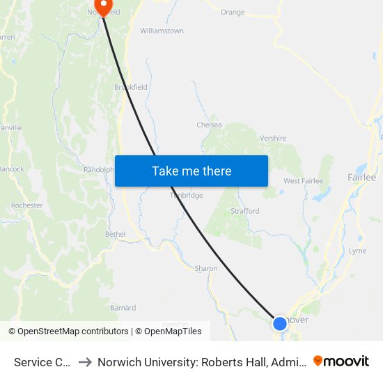 Service Center to Norwich University: Roberts Hall, Admissions Office map