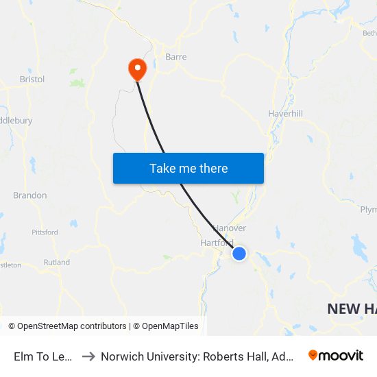 Elm To Lebanon to Norwich University: Roberts Hall, Admissions Office map