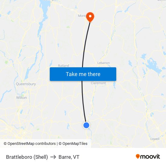 Brattleboro (Shell) to Barre, VT map