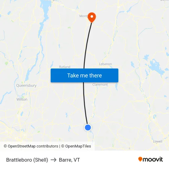 Brattleboro (Shell) to Barre, VT map