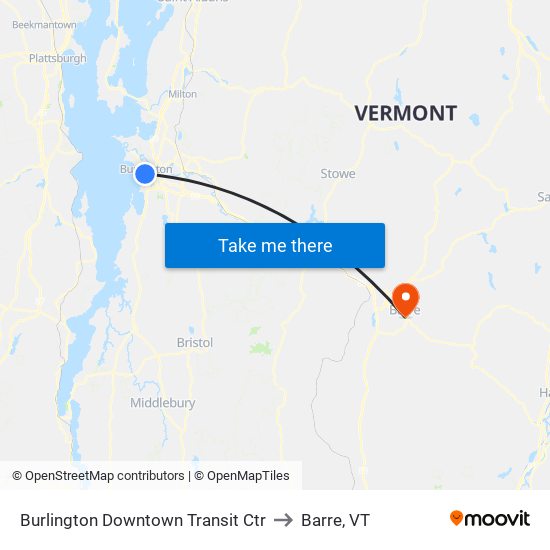 Burlington Downtown Transit Ctr to Barre, VT map