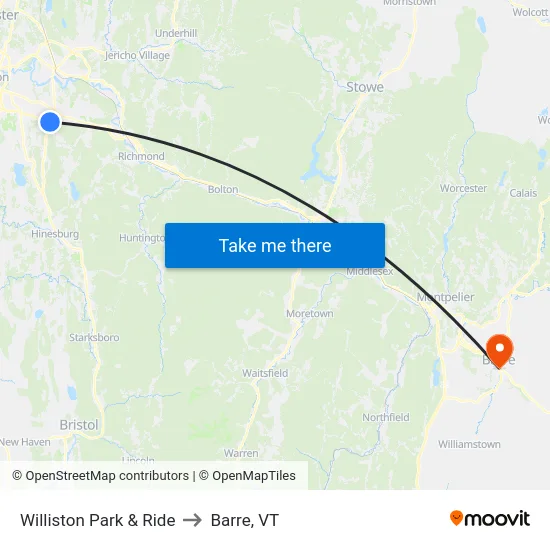 Williston Park & Ride to Barre, VT map