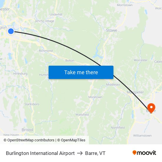 Burlington International Airport to Barre, VT map
