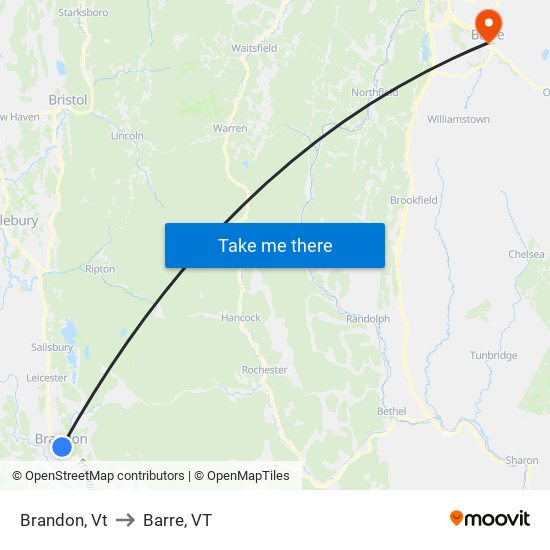 Brandon, Vt to Barre, VT map
