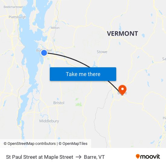 St Paul Street at Maple Street to Barre, VT map