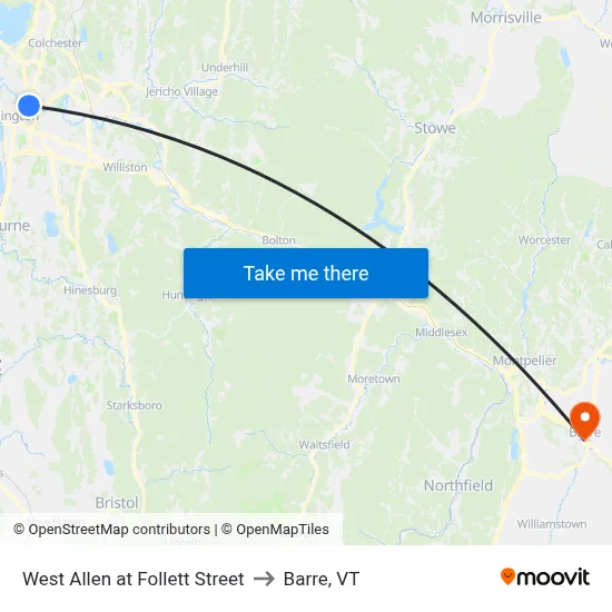West Allen at Follett Street to Barre, VT map