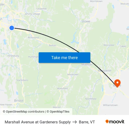 Marshall Avenue at Gardeners Supply to Barre, VT map