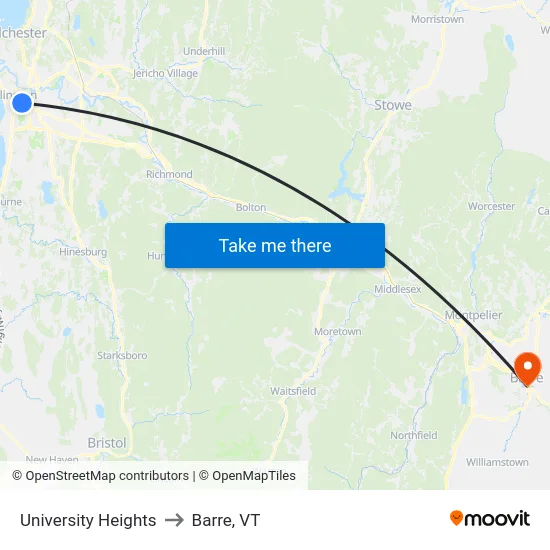 University Heights to Barre, VT map