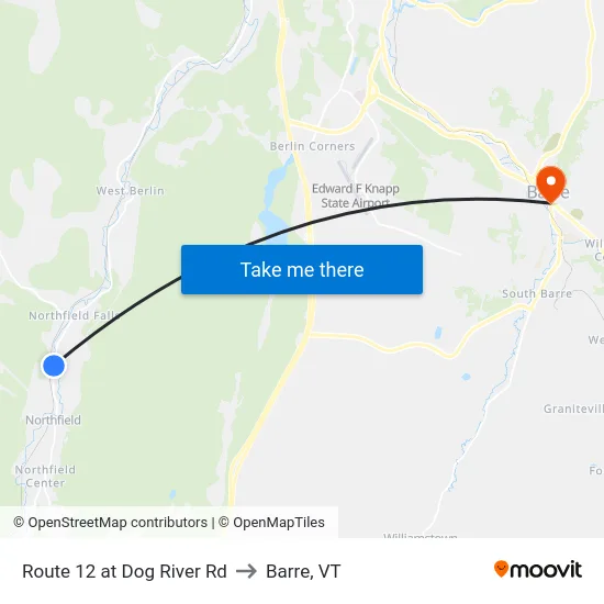 Route 12 at Dog River Rd to Barre, VT map