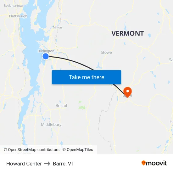 Howard Center to Barre, VT map