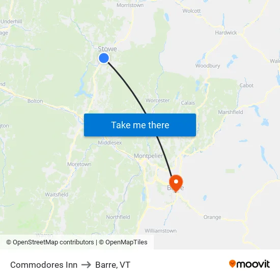 Commodores Inn to Barre, VT map