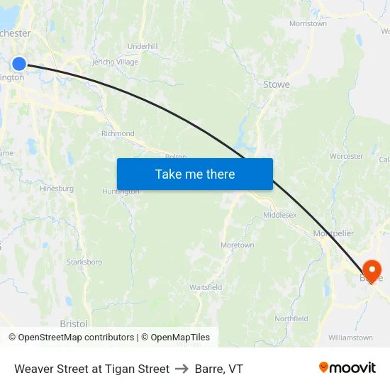 Weaver Street at Tigan Street to Barre, VT map
