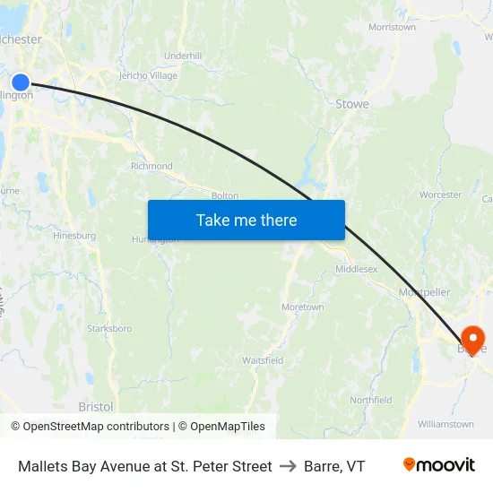 Mallets Bay Avenue at St. Peter Street to Barre, VT map