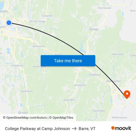 College Parkway at Camp Johnson to Barre, VT map
