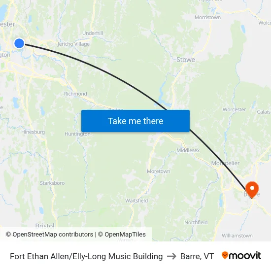 Fort Ethan Allen/Elly-Long Music Building to Barre, VT map
