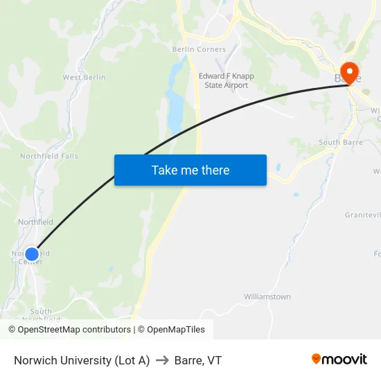 Norwich University (Lot A) to Barre, VT map