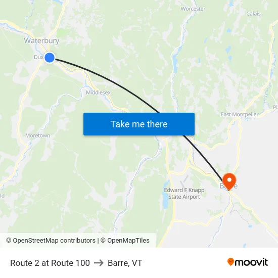 Route 2 at Route 100 to Barre, VT map
