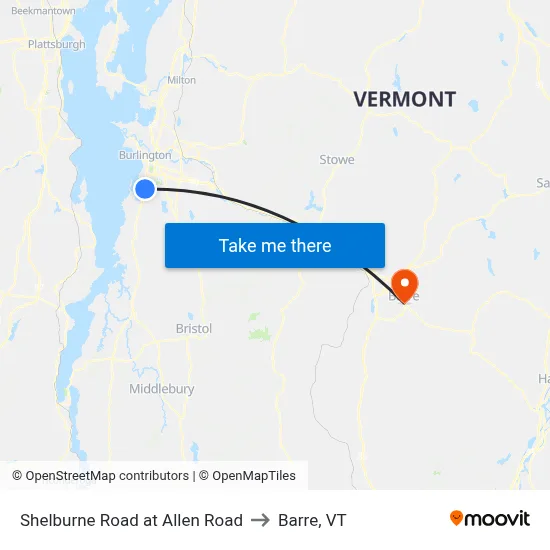 Shelburne Road at Allen Road to Barre, VT map