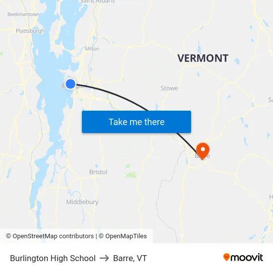 Burlington High School to Barre, VT map