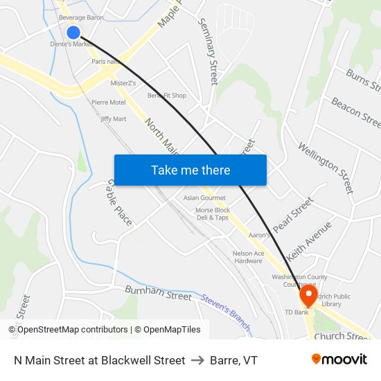 N Main Street at Blackwell Street to Barre, VT map