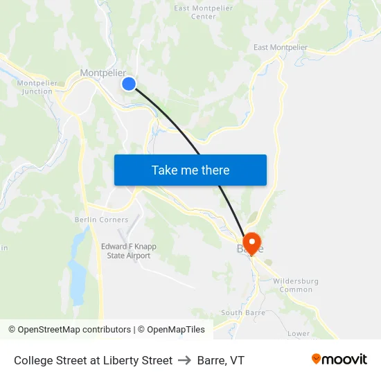College Street at Liberty Street to Barre, VT map