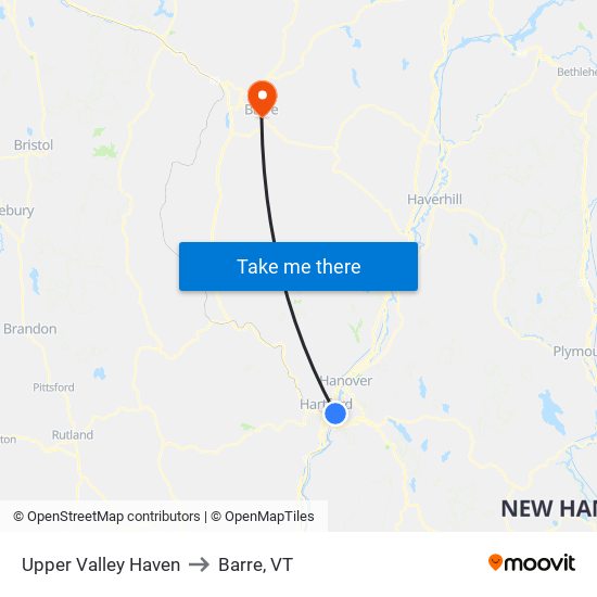 Upper Valley Haven to Barre, VT map