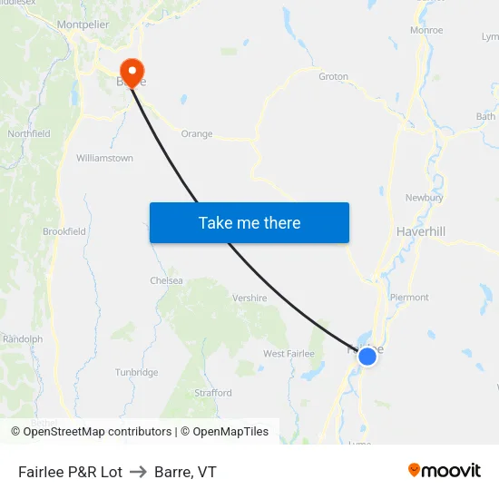 Fairlee P&R Lot to Barre, VT map