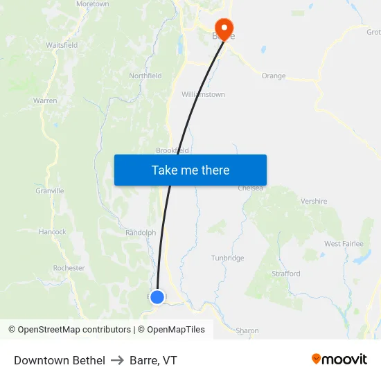 Downtown Bethel to Barre, VT map