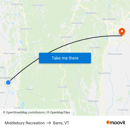 Middlebury Recreation to Barre, VT map