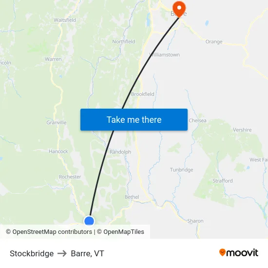 Stockbridge to Barre, VT map